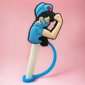 A cartoon character is holding something up to the side of it.