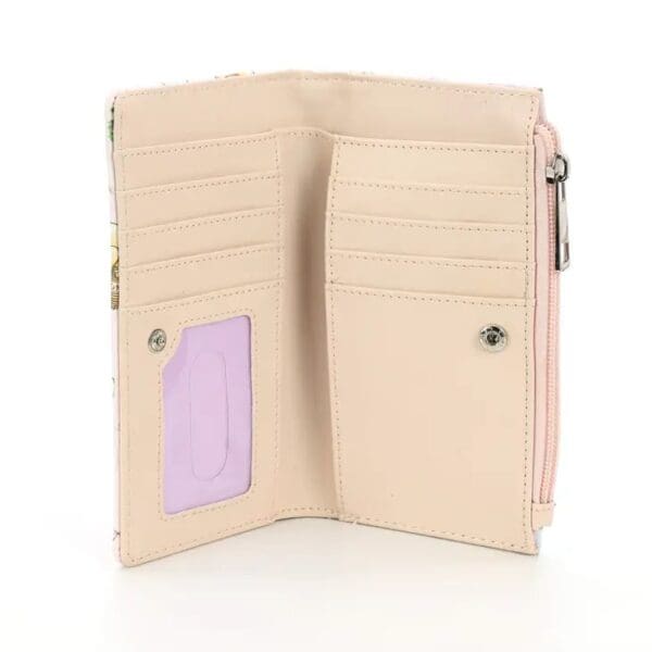 Pink floral patterned leather wallet open.