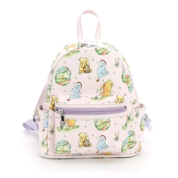 Pink Winnie the Pooh backpack with characters.