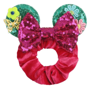 Pink bow with floral sequin ears hair scrunchie