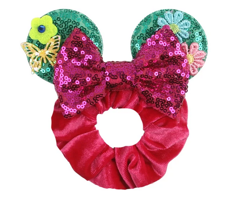 Pink bow with floral sequin ears hair scrunchie