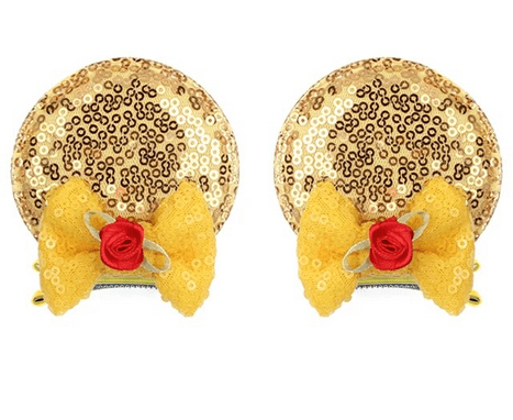 Gold sequin bow hair clips with rose.