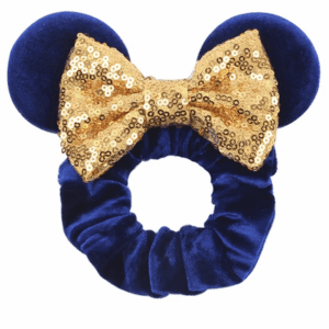 Blue velvet mouse ears with gold bow.