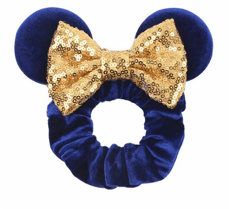 Blue velvet mouse ears with gold bow.