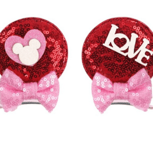 Red sequin hair clips with love and heart designs.