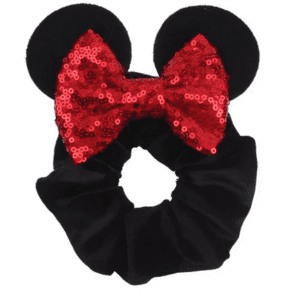 Black scrunchie with red bow ears.