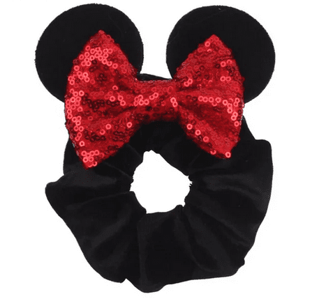 Black scrunchie with red bow ears.