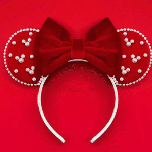 Red velvet Minnie Mouse ears with pearls.