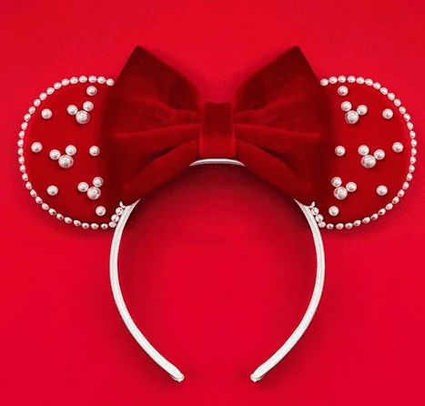 Red velvet Minnie Mouse ears with pearls.