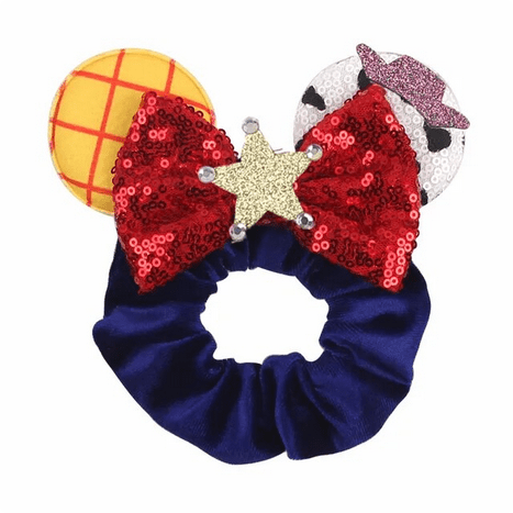 Red sequined bow with cowboy and sheriff ears.