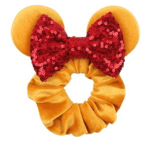 Yellow velvet scrunchie with red bow