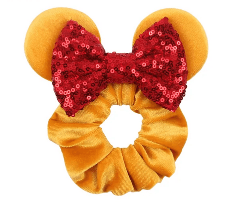 Yellow velvet scrunchie with red bow