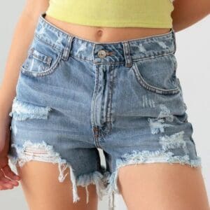 Blue High-Rise Ripped Distressed Denim Shorts - Light Wash