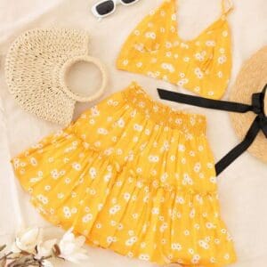 Girls Boho Floral Crop Sleeveless Top Ruffle Skirt Set