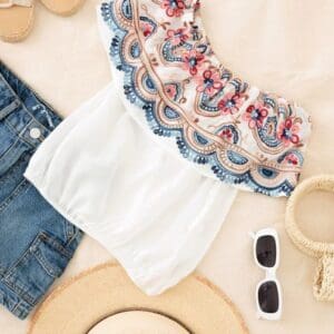 Girls Boho Floral Embroidered Off Shoulder Top